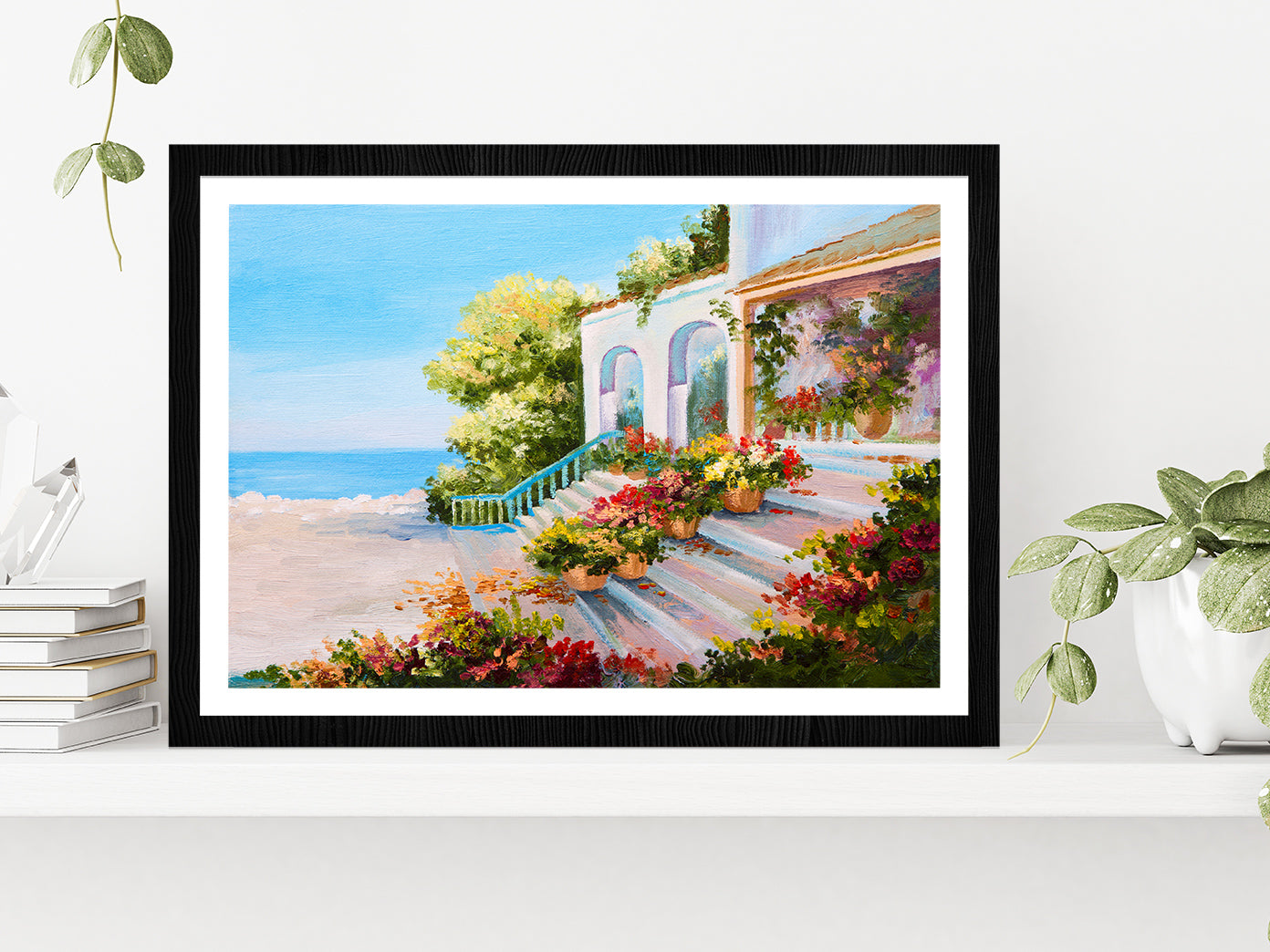 Terrace Near The Sea, Flowers Glass Framed Wall Art, Ready to Hang Quality Print With White Border Black