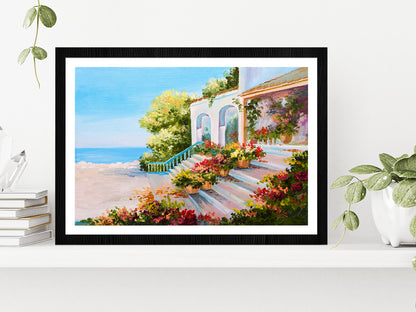 Terrace Near The Sea, Flowers Glass Framed Wall Art, Ready to Hang Quality Print With White Border Black