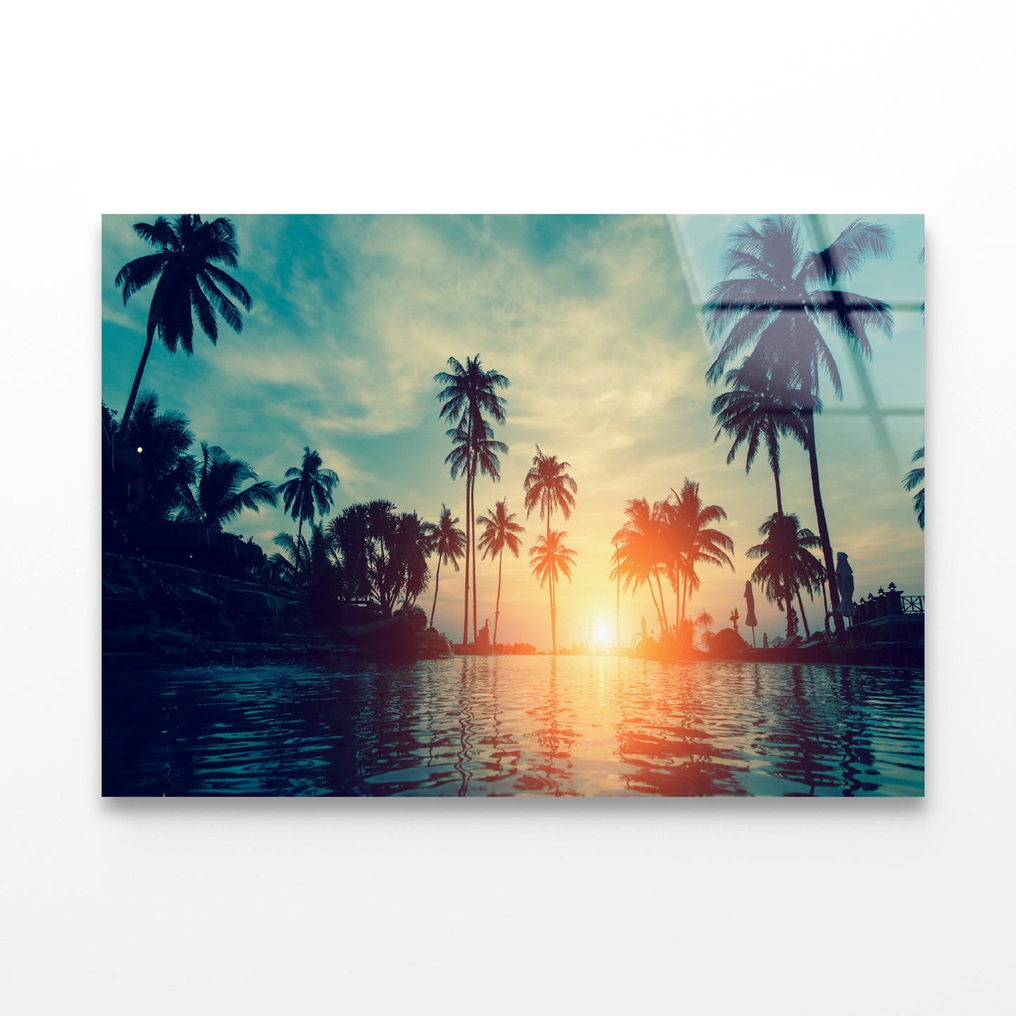 Sunset With Palm Trees in Beach Acrylic Glass Print Tempered Glass Wall Art 100% Made in Australia Ready to Hang