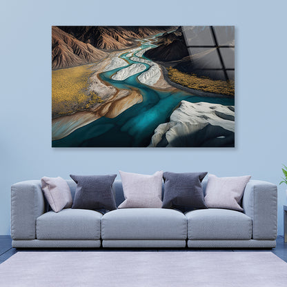 High Angle View of a River, Mountains Acrylic Glass Print Tempered Glass Wall Art 100% Made in Australia Ready to Hang