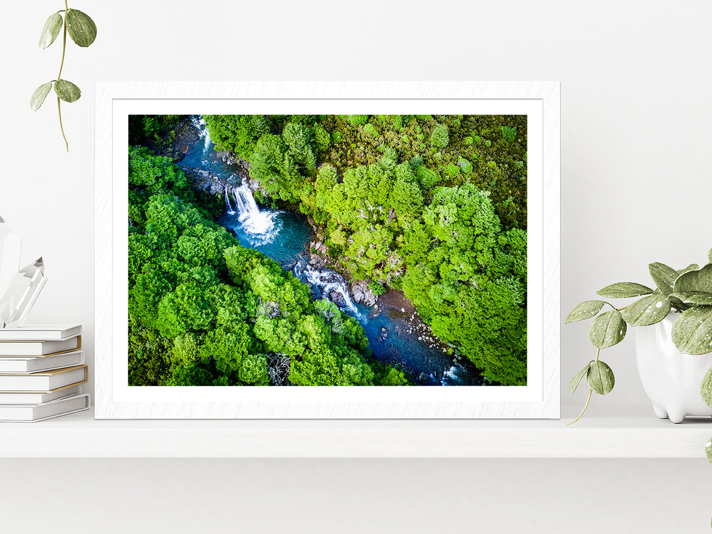 Tawhai Falls In Tongariro Park Glass Framed Wall Art, Ready to Hang Quality Print With White Border White