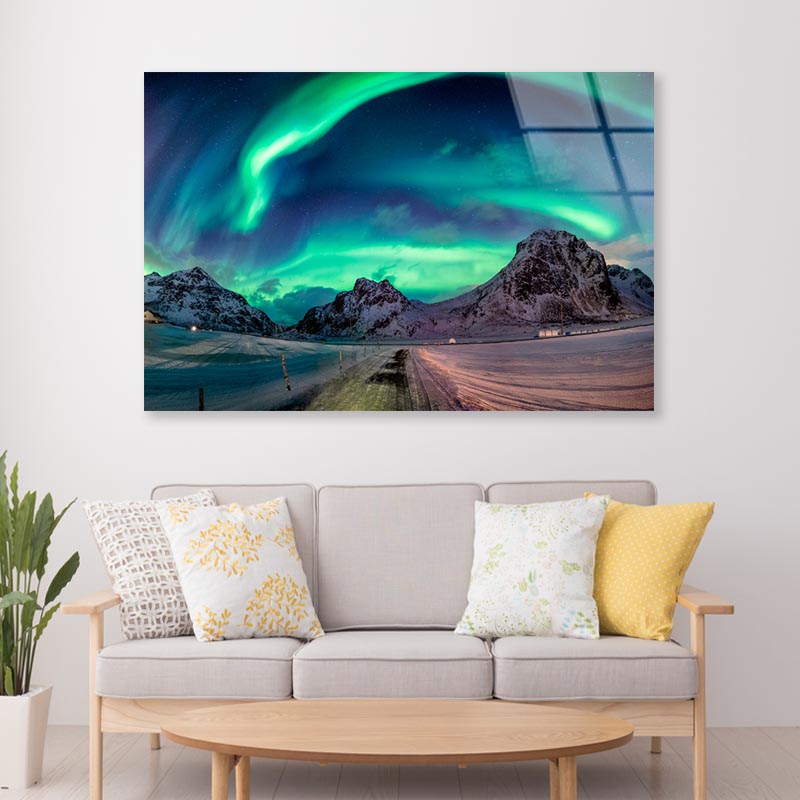 Northern Lights Explosion on Snowy Mountain Range Acrylic Glass Print Tempered Glass Wall Art 100% Made in Australia Ready to Hang