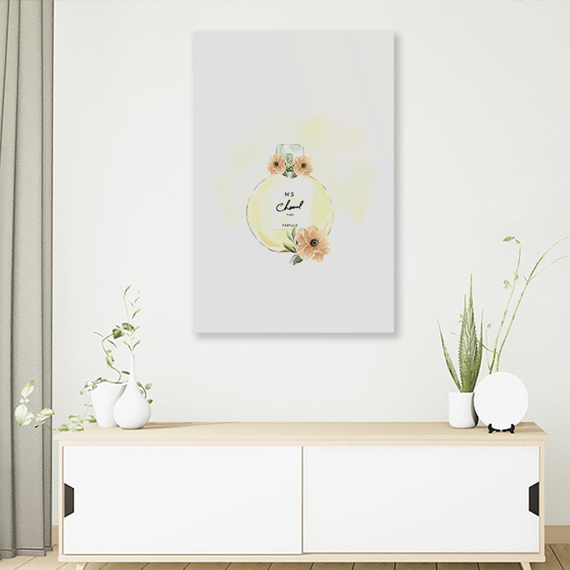 Yellow Perfume with Flowers 3D Design Acrylic Glass Print Tempered Glass Wall Art 100% Made in Australia Ready to Hang