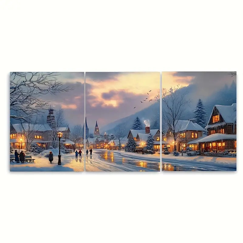 3pcs Snow Covered Glowing Golden Lights Metal Print Ready to Hang Art