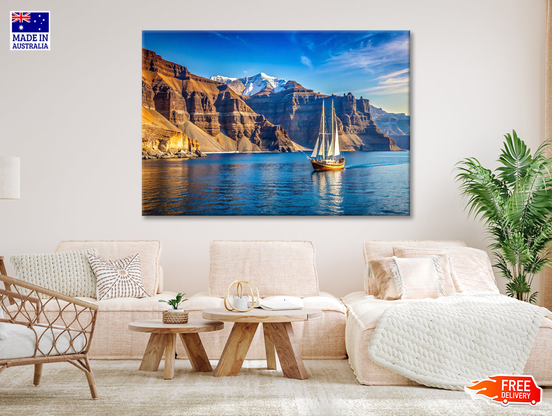 Sailboat Sailing In the Sea, Mountains in Greece Print 100% Australian Made