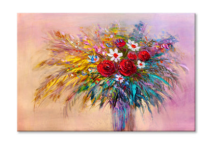 Red Roses Bouquet Flowers Oil Painting Wall Art Limited Edition High Quality Print Stretched Canvas None