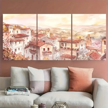 3pcs Rustic European Hilltop Village Metal Print Ready to Hang Art