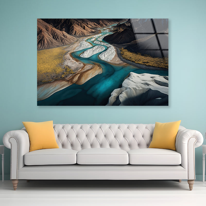 High Angle View of a River, Mountains Acrylic Glass Print Tempered Glass Wall Art 100% Made in Australia Ready to Hang