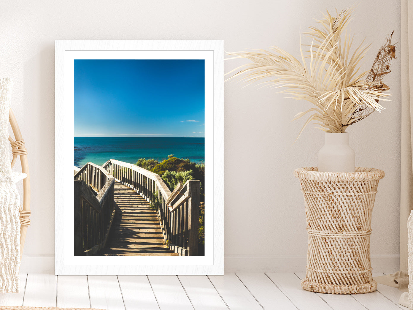 Wooden Staircase & Blue Sky Beach Photograph Glass Framed Wall Art, Ready to Hang Quality Print With White Border White