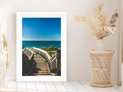 Wooden Staircase & Blue Sky Beach Photograph Glass Framed Wall Art, Ready to Hang Quality Print With White Border White