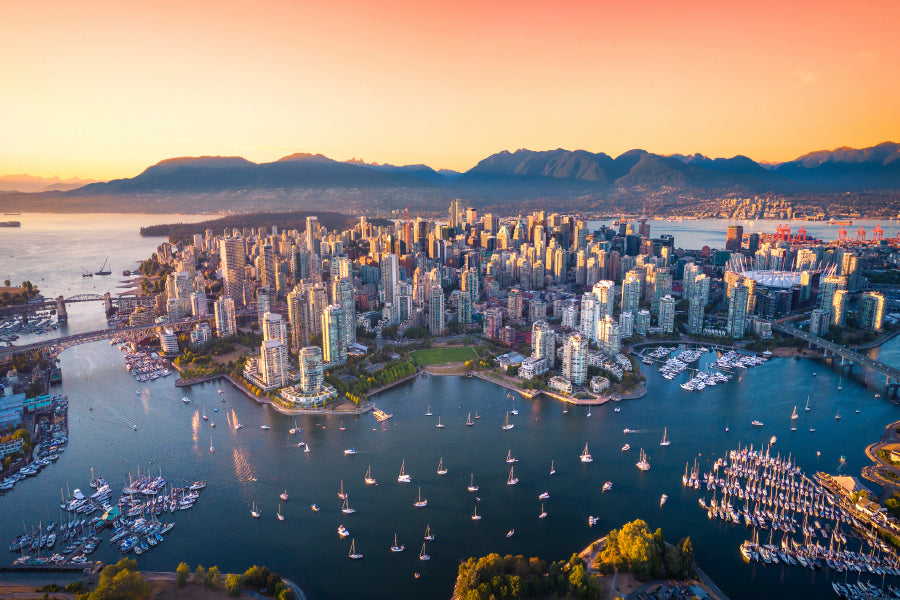 Beautiful Aerial View of Downtown Vancouver Skyline, British Columbia, Canada at Sunset Wall Art Decor 100% Australian Made