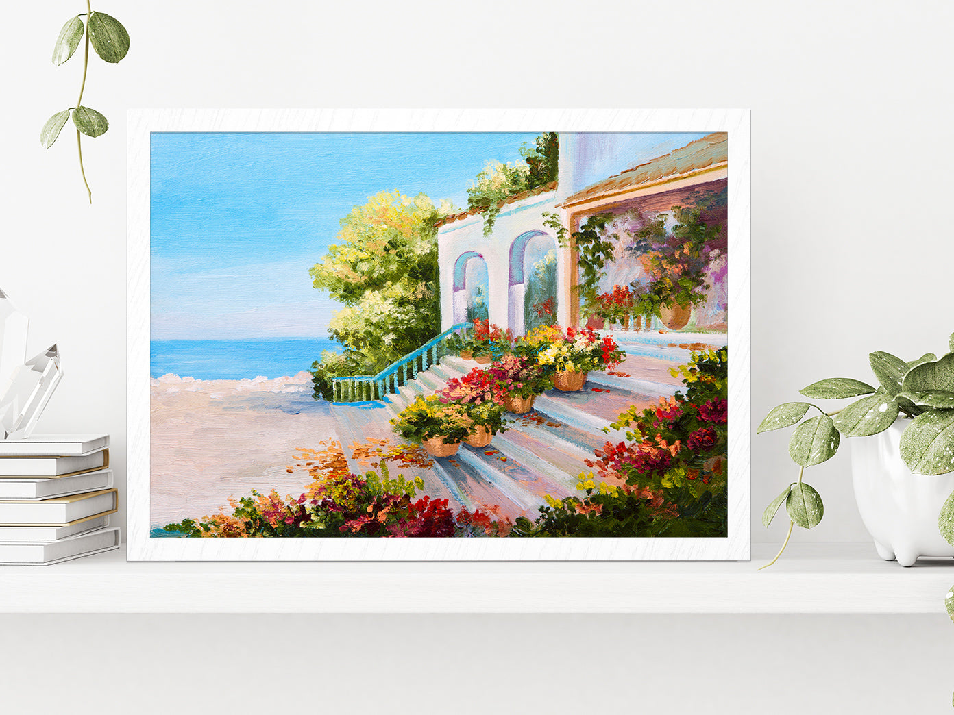 Terrace Near The Sea, Flowers Glass Framed Wall Art, Ready to Hang Quality Print Without White Border White