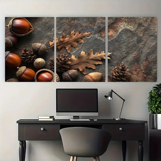 3pcs Rustic Acorn and Pinecone Nature Metal Print Ready to Hang Art