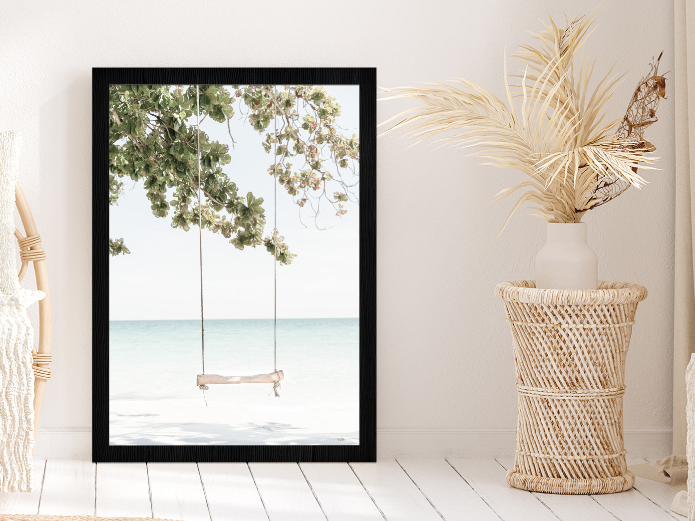 Beach Swing & Tree near Beach Photograph Glass Framed Wall Art, Ready to Hang Quality Print Without White Border Black