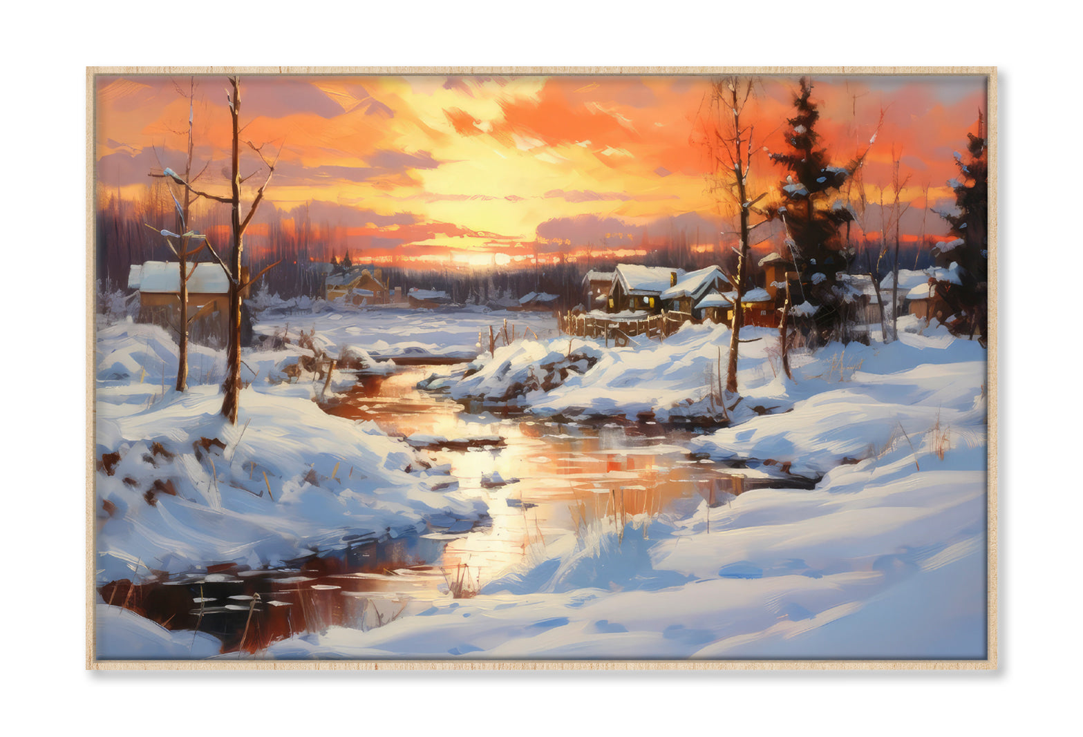 House in Forest Snow Field & Sunset Sky Painting Wall Art Limited Edition High Quality Print Canvas Box Framed Natural