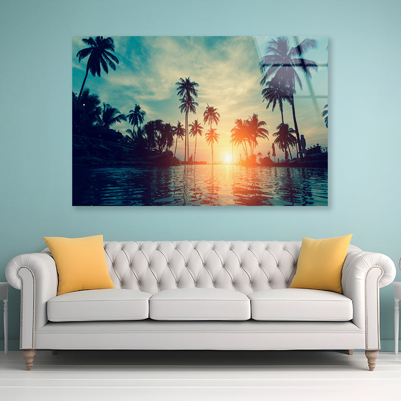 Sunset With Palm Trees in Beach Acrylic Glass Print Tempered Glass Wall Art 100% Made in Australia Ready to Hang