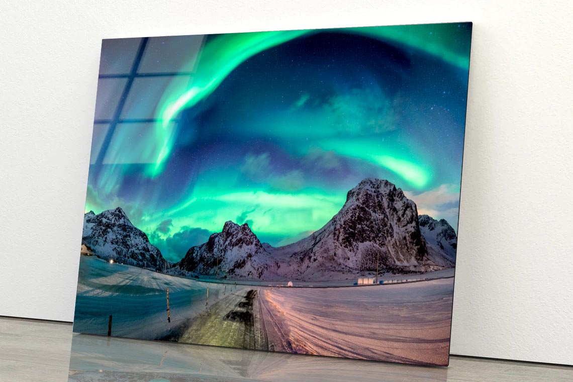 Northern Lights Explosion on Snowy Mountain Range Acrylic Glass Print Tempered Glass Wall Art 100% Made in Australia Ready to Hang