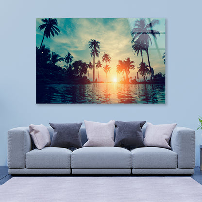 Sunset With Palm Trees in Beach Acrylic Glass Print Tempered Glass Wall Art 100% Made in Australia Ready to Hang