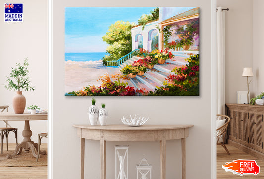 Terrace Near The Sea, Flowers Oil Painting Wall Art Limited Edition High Quality Print