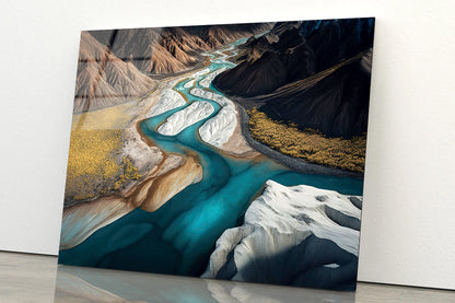 High Angle View of a River, Mountains Acrylic Glass Print Tempered Glass Wall Art 100% Made in Australia Ready to Hang