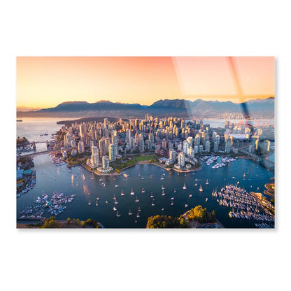 Beautiful Aerial View of Downtown Vancouver Skyline, British Columbia, Canada at Sunset Acrylic Glass Print Tempered Glass Wall Art 100% Made in Australia Ready to Hang