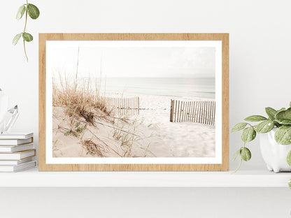 Fence Sea Grass Shore Faded View Photograph Glass Framed Wall Art, Ready to Hang Quality Print With White Border Oak