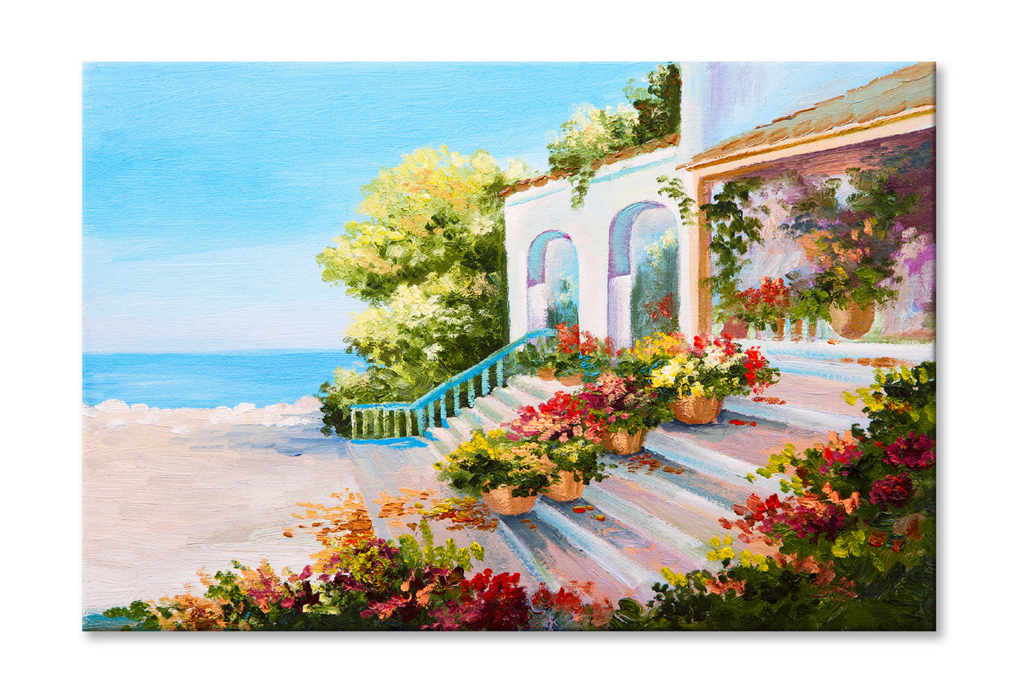 Terrace Near The Sea, Flowers Oil Painting Wall Art Limited Edition High Quality Print Stretched Canvas None