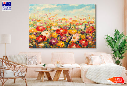 Colorful Flower Field with Cloudy Blue Sky Painting Wall Art Limited Edition High Quality Print