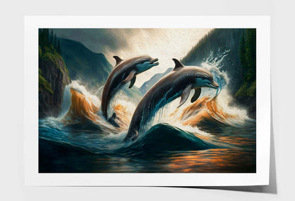 Couple Jumping Dolphins, Blue Sea and Sky Wall Art Limited Edition High Quality Print