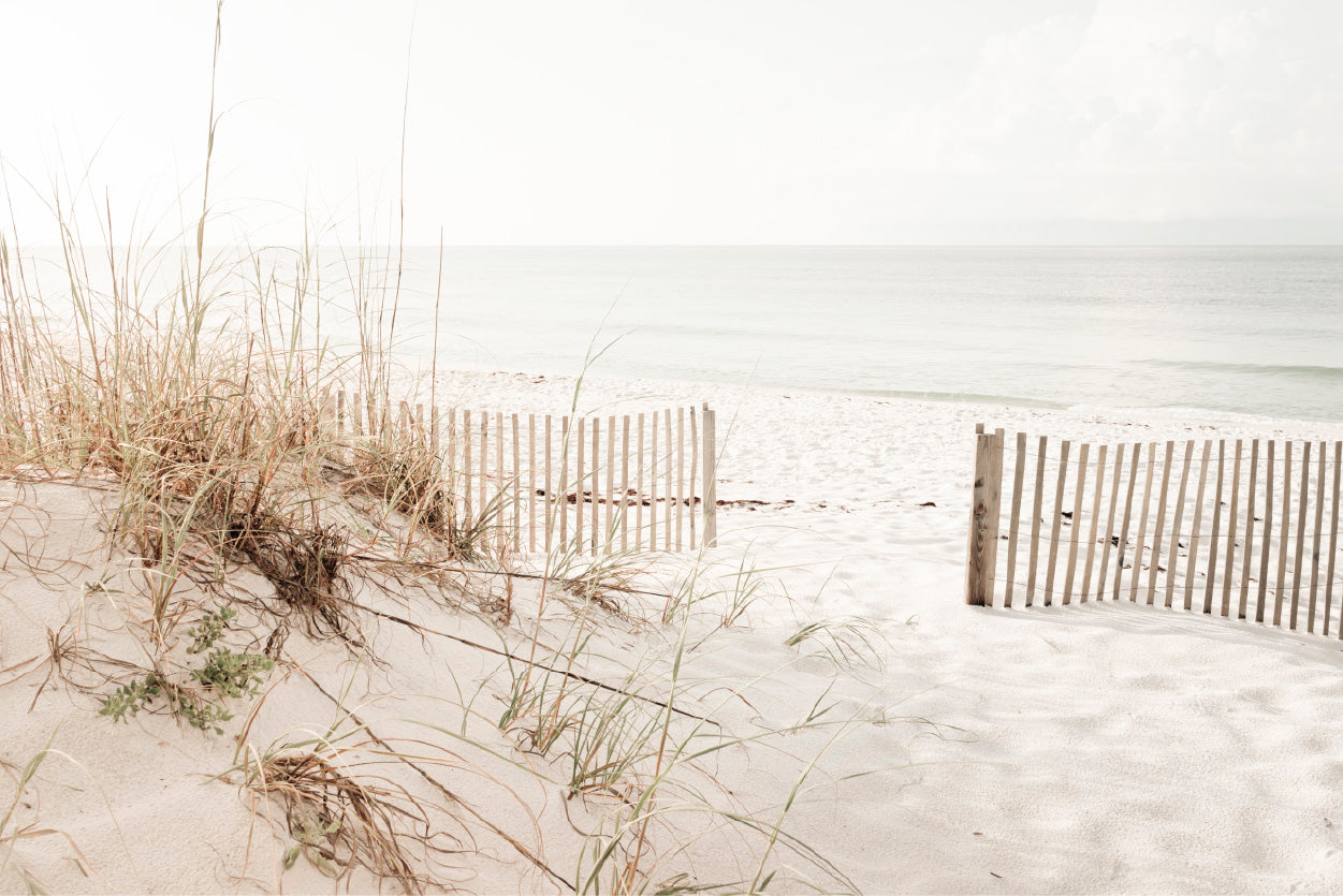 Fence Sea Grass Shore Faded View Photograph Glass Framed Wall Art, Ready to Hang Quality Print