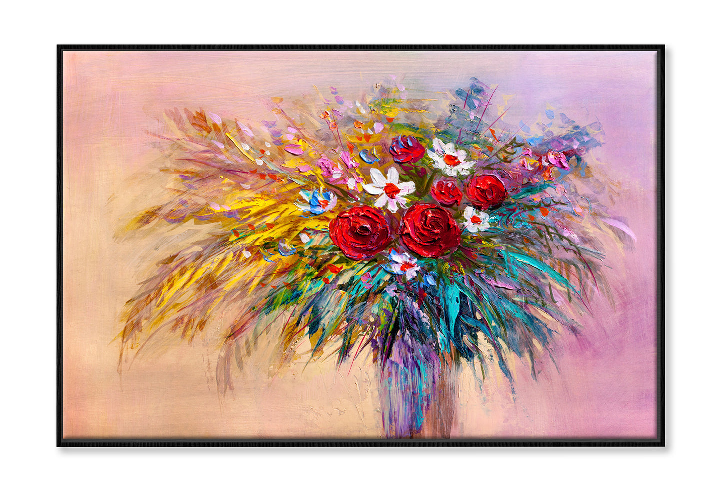 Red Roses Bouquet Flowers Oil Painting Wall Art Limited Edition High Quality Print Canvas Box Framed Black