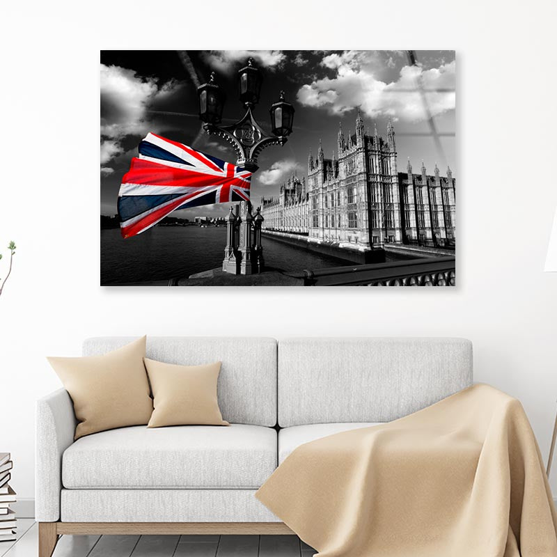 Houses Of Parliament with Flag of England, London, UK Acrylic Glass Print Tempered Glass Wall Art 100% Made in Australia Ready to Hang