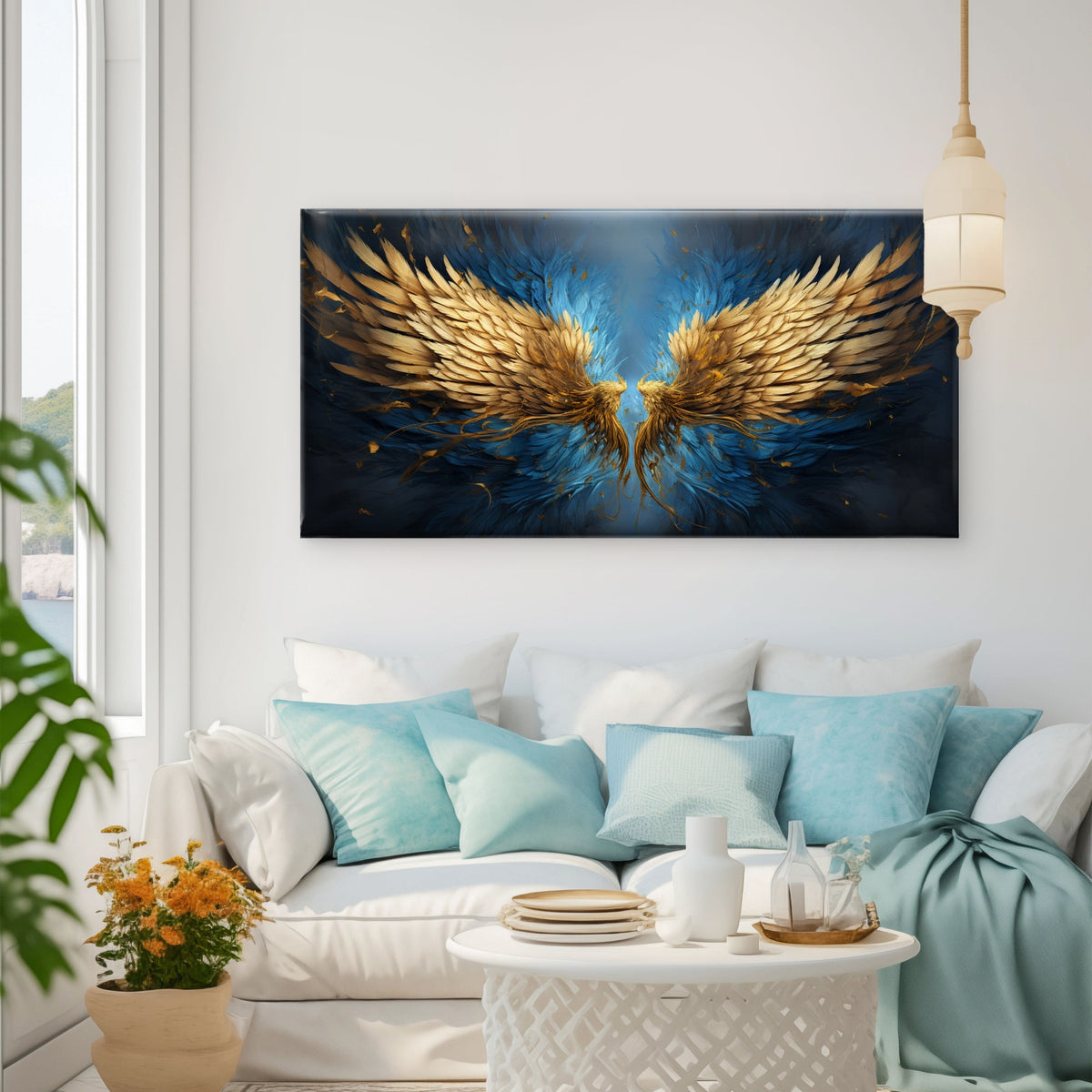 Gold Angel Wings Blue Oil Painting Wall Art Canvas Office Home Room Framed 120x60cm