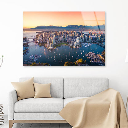 Beautiful Aerial View of Downtown Vancouver Skyline, British Columbia, Canada at Sunset Acrylic Glass Print Tempered Glass Wall Art 100% Made in Australia Ready to Hang