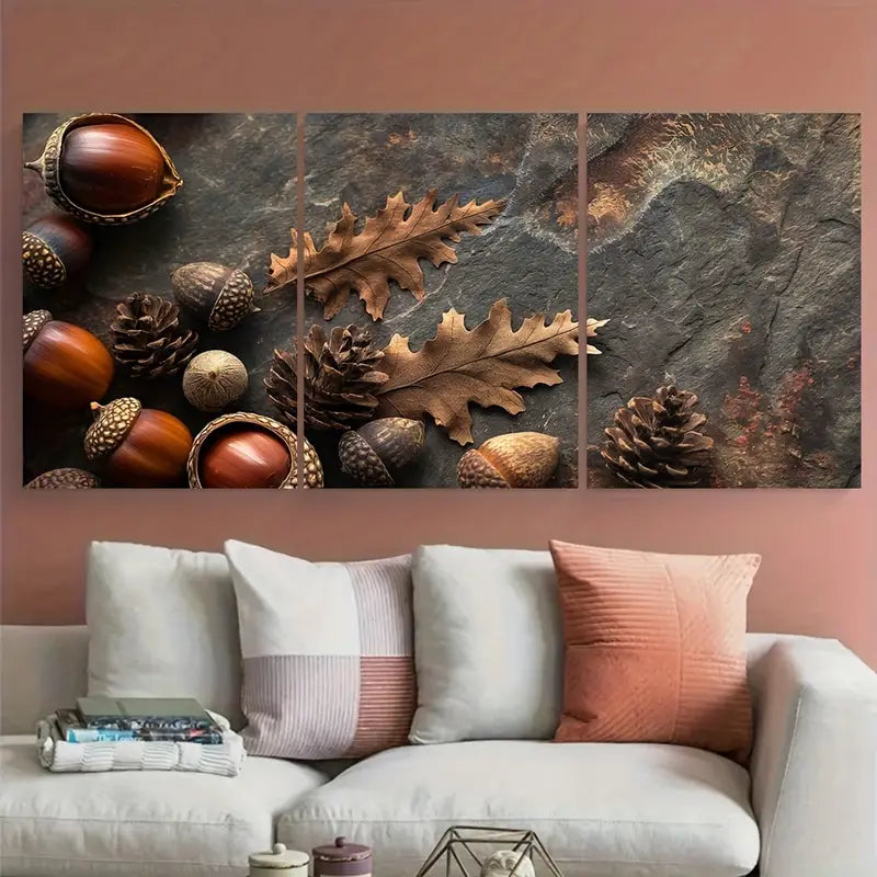 3pcs Rustic Acorn and Pinecone Nature Metal Print Ready to Hang Art