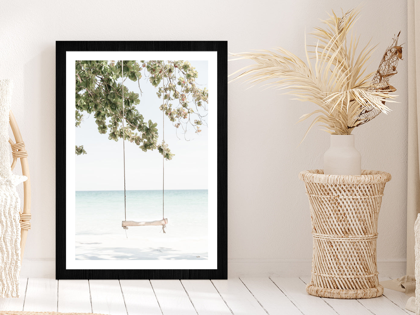 Beach Swing & Tree near Beach Photograph Glass Framed Wall Art, Ready to Hang Quality Print With White Border Black