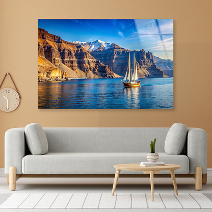 Sailboat Sailing In the Sea, Mountains in Greece Acrylic Glass Print Tempered Glass Wall Art 100% Made in Australia Ready to Hang