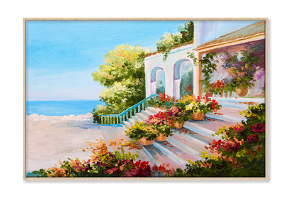 Terrace Near The Sea, Flowers Oil Painting Wall Art Limited Edition High Quality Print Canvas Box Framed Natural