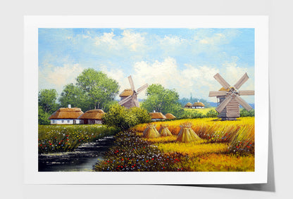 Mill near Village Houses & River with Blue Sky Painting Wall Art Limited Edition High Quality Print Unframed Roll Canvas None