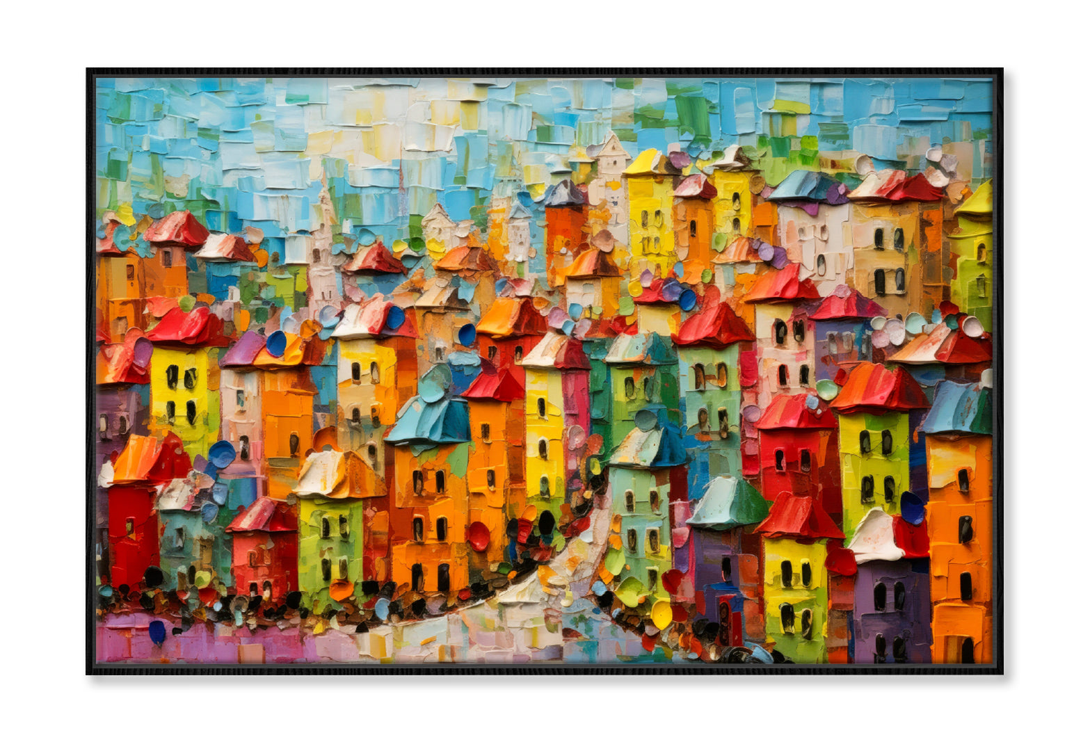 Colorful City Houses Oil Painting Wall Art Limited Edition High Quality Print Canvas Box Framed Black