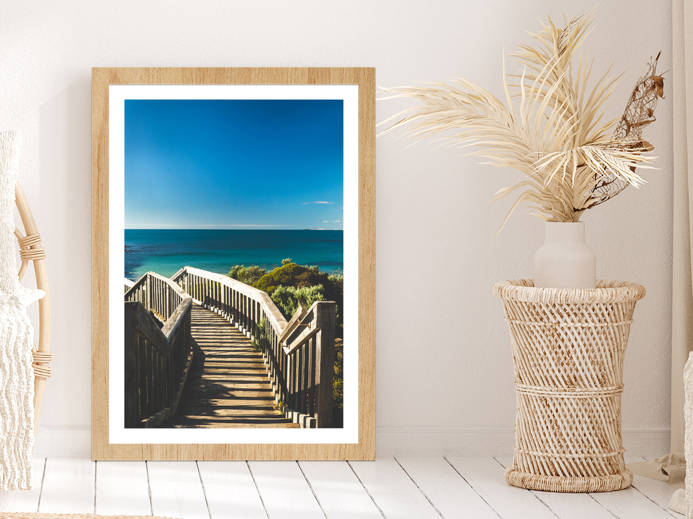 Wooden Staircase & Blue Sky Beach Photograph Glass Framed Wall Art, Ready to Hang Quality Print With White Border Oak