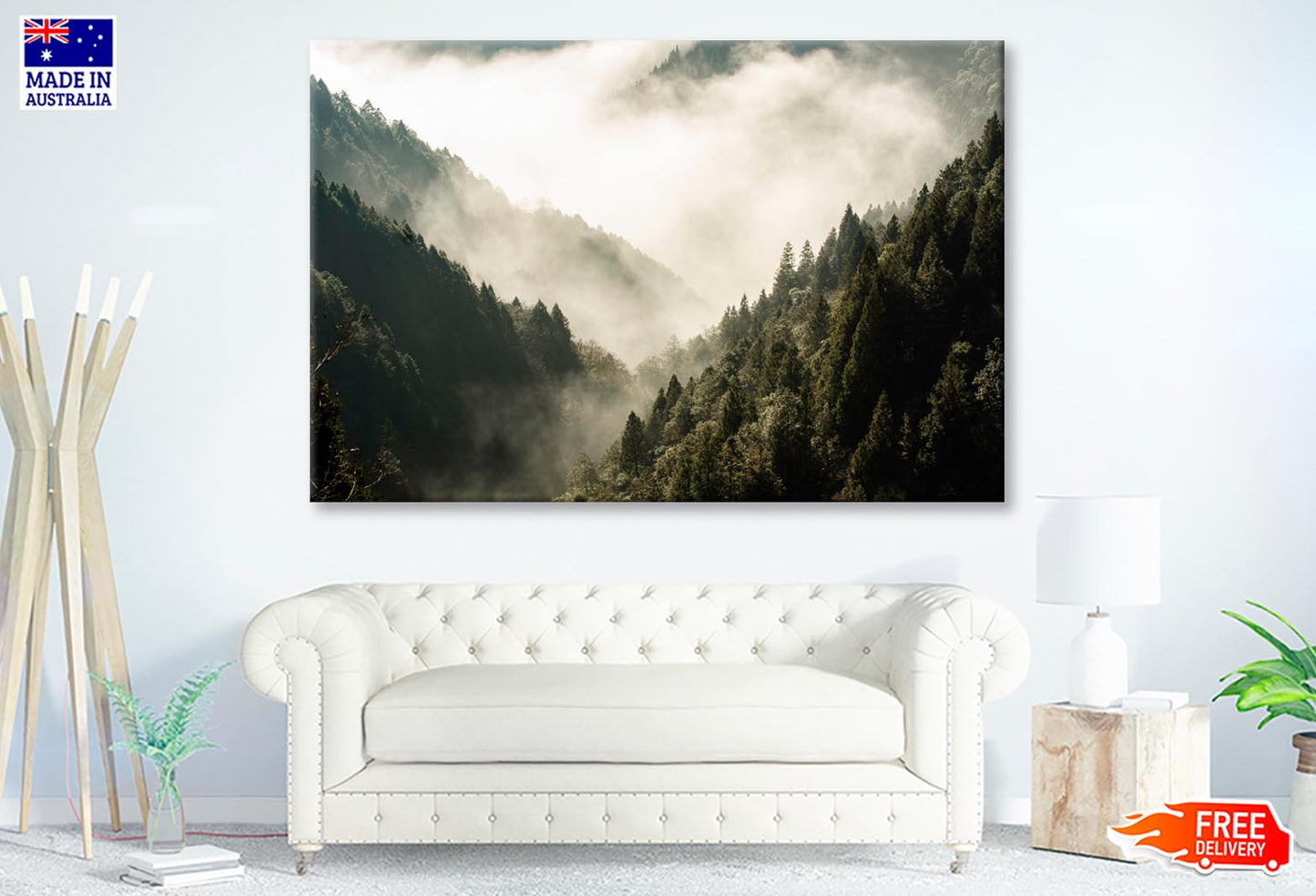 Fog In Forest, Early Morning Scene in Mountain  Wall Art Decor 100% Australian Made