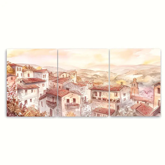 3pcs Rustic European Hilltop Village Metal Print Ready to Hang Art