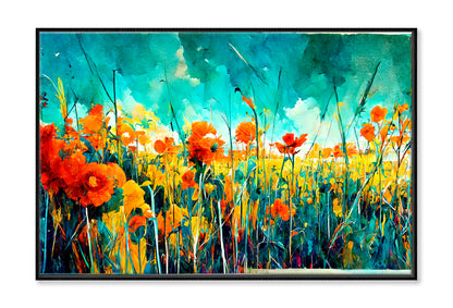 Blue Sky Green, Red & Orange Flowers Oil Painting Wall Art Limited Edition High Quality Print Canvas Box Framed Black