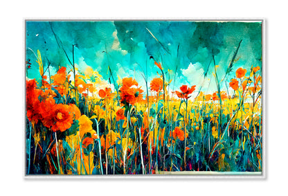 Blue Sky Green, Red & Orange Flowers Oil Painting Wall Art Limited Edition High Quality Print Canvas Box Framed White