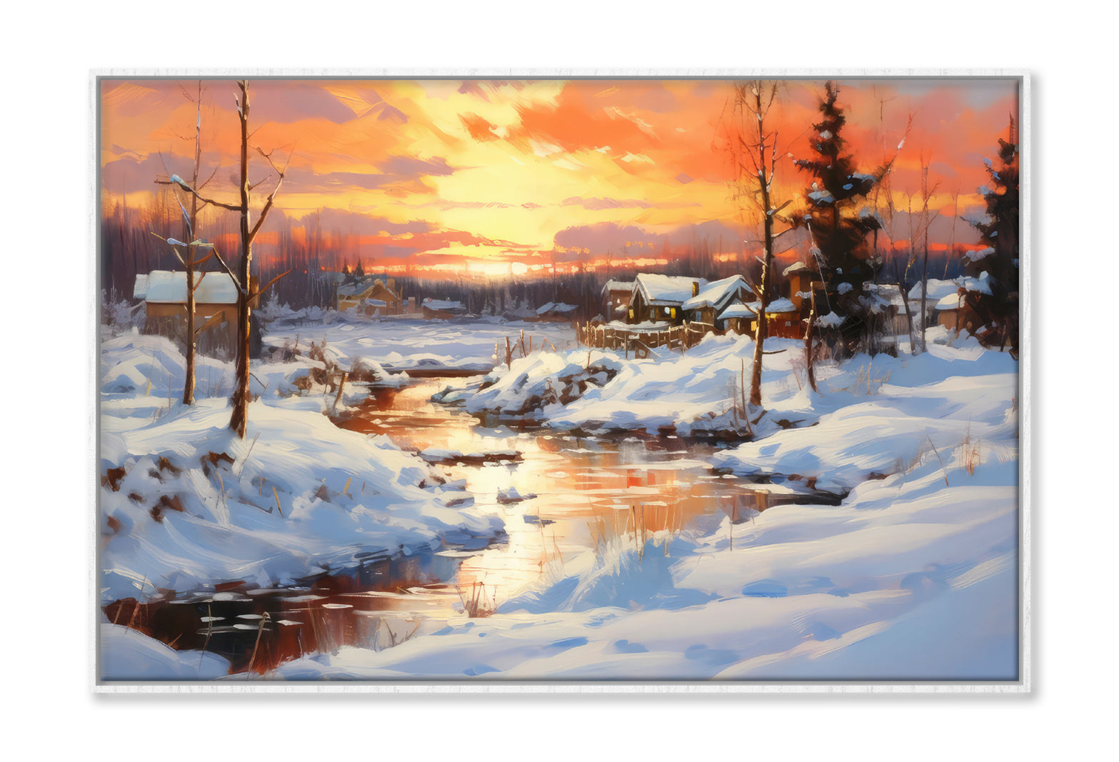 House in Forest Snow Field & Sunset Sky Painting Wall Art Limited Edition High Quality Print Canvas Box Framed White