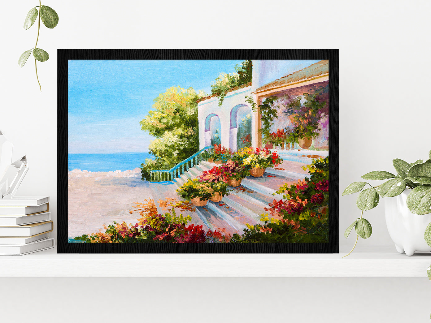 Terrace Near The Sea, Flowers Glass Framed Wall Art, Ready to Hang Quality Print Without White Border Black