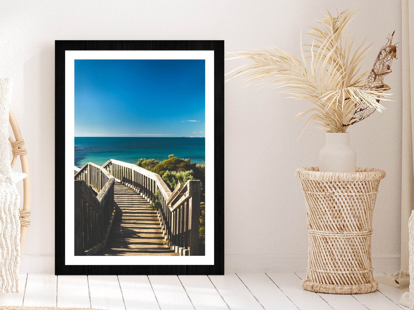 Wooden Staircase & Blue Sky Beach Photograph Glass Framed Wall Art, Ready to Hang Quality Print With White Border Black