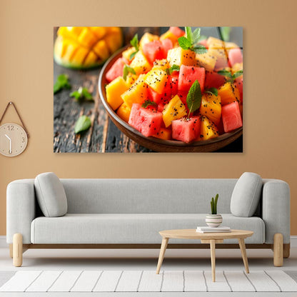 Fruit Salad Featuring Juicy Watermelon, Pineapple, And Mango with A Hint of Mint  Acrylic Glass Print Tempered Glass Wall Art 100% Made in Australia Ready to Hang