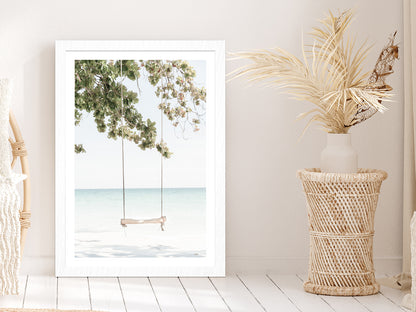 Beach Swing & Tree near Beach Photograph Glass Framed Wall Art, Ready to Hang Quality Print With White Border White